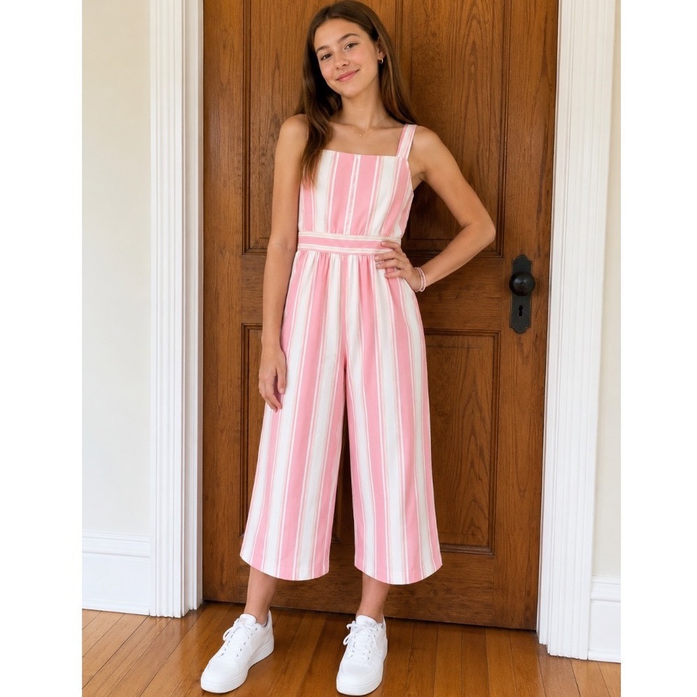 Bonnie Jean sz 14 Pink White Striped Wide Leg Jumpsuit Sleeveless One-Piece